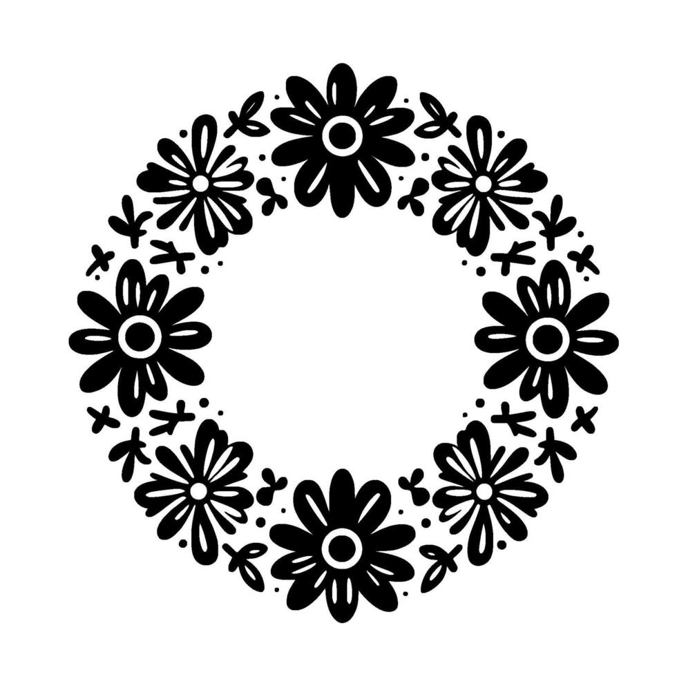 Circular floral wreath illustration in minimalist style, featuring stylized black flowers, leaves, and dots on a white backdrop. vector