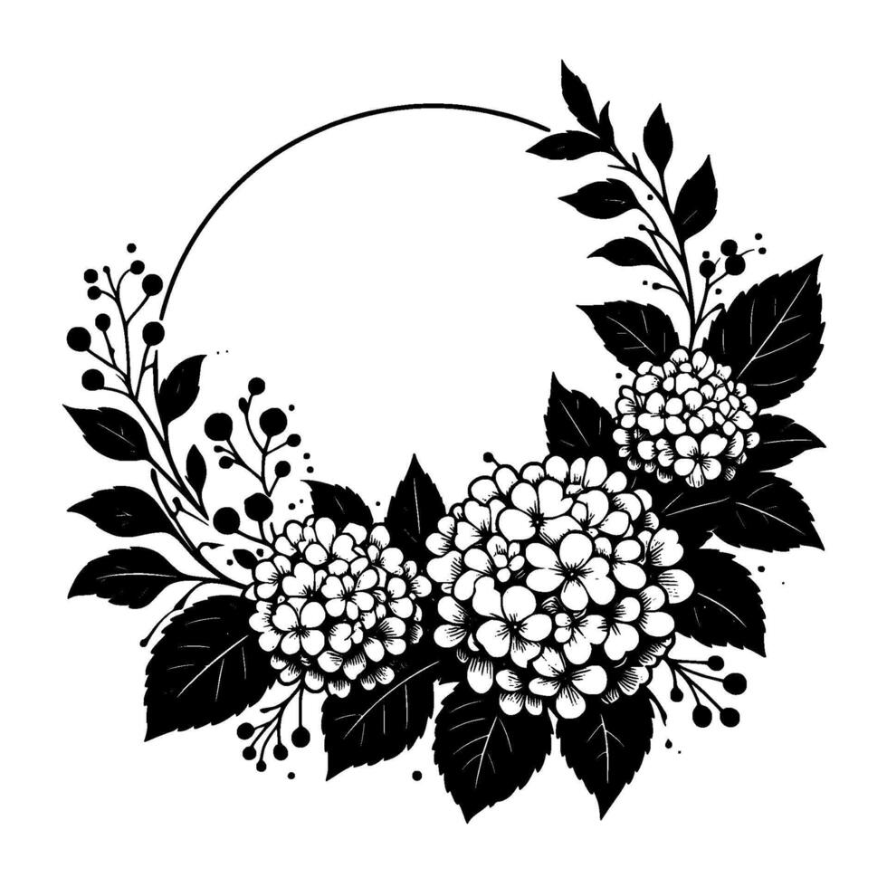 Elegant black and white floral illustration of a wreath, featuring detailed hydrangeas, leaves, and berries encircling an empty circle. vector