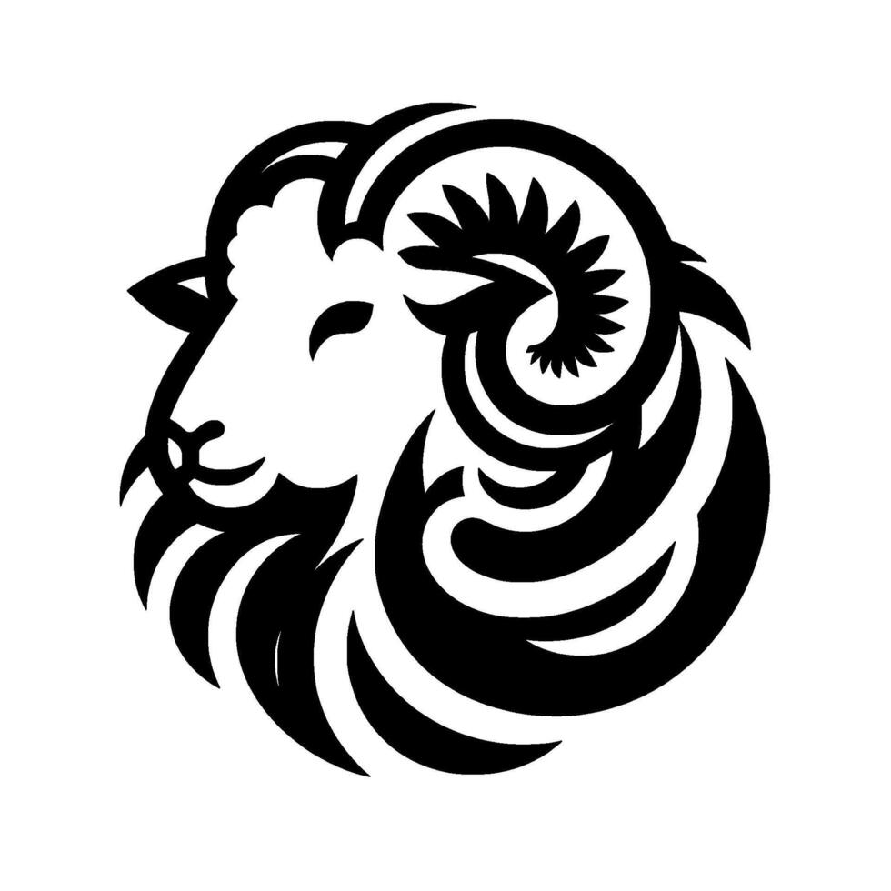 Stylized black and white rams head logo intricate curved horns, serene expression, and dramatic contrast on white. vector