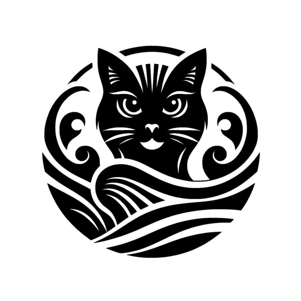 Stylized, black and white cat illustration, a smiling feline face centered in a circular with ornamental swirls and flowing lines. vector