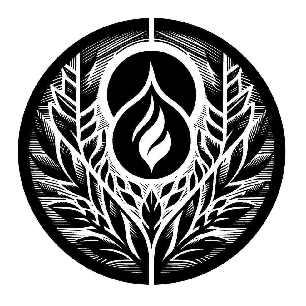 Intricate monochrome woodcut style illustration depicting a stylized flame within a circle, embraced by a symmetric organic of leaves and foliage. vector
