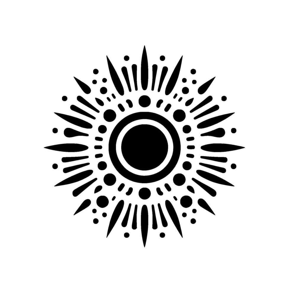 Bold black and white stylized sunburst mandala with concentric circles, dots, and radial spikes, on white background. vector