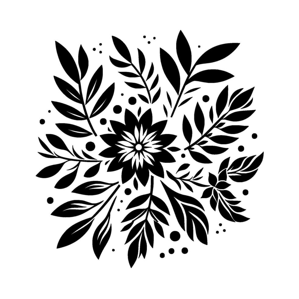 Symmetrical floral design, bold black and white, featuring intricate leaves, petals, and dotted accents, evoking a sense of elegance and natural beauty. vector