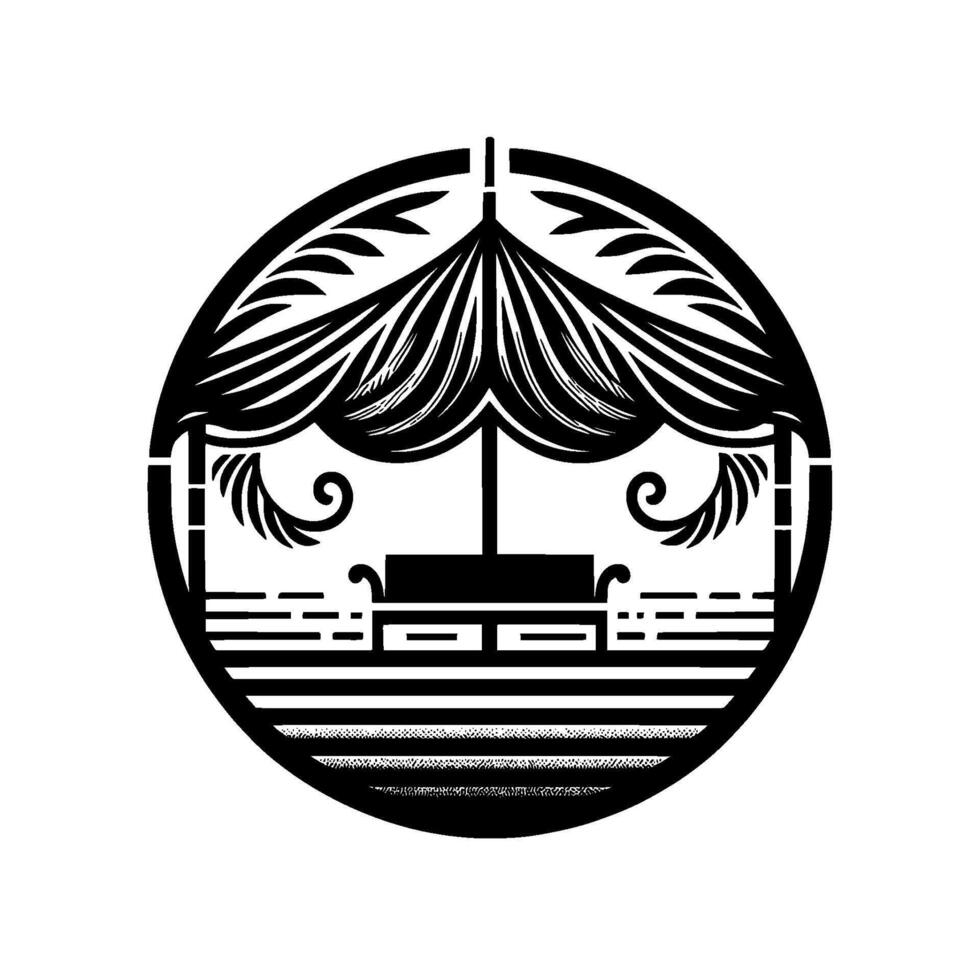 A stylized black and white illustration within a circle, featuring a gazebo or bandstand with an awning, surrounded by decorative elements. vector