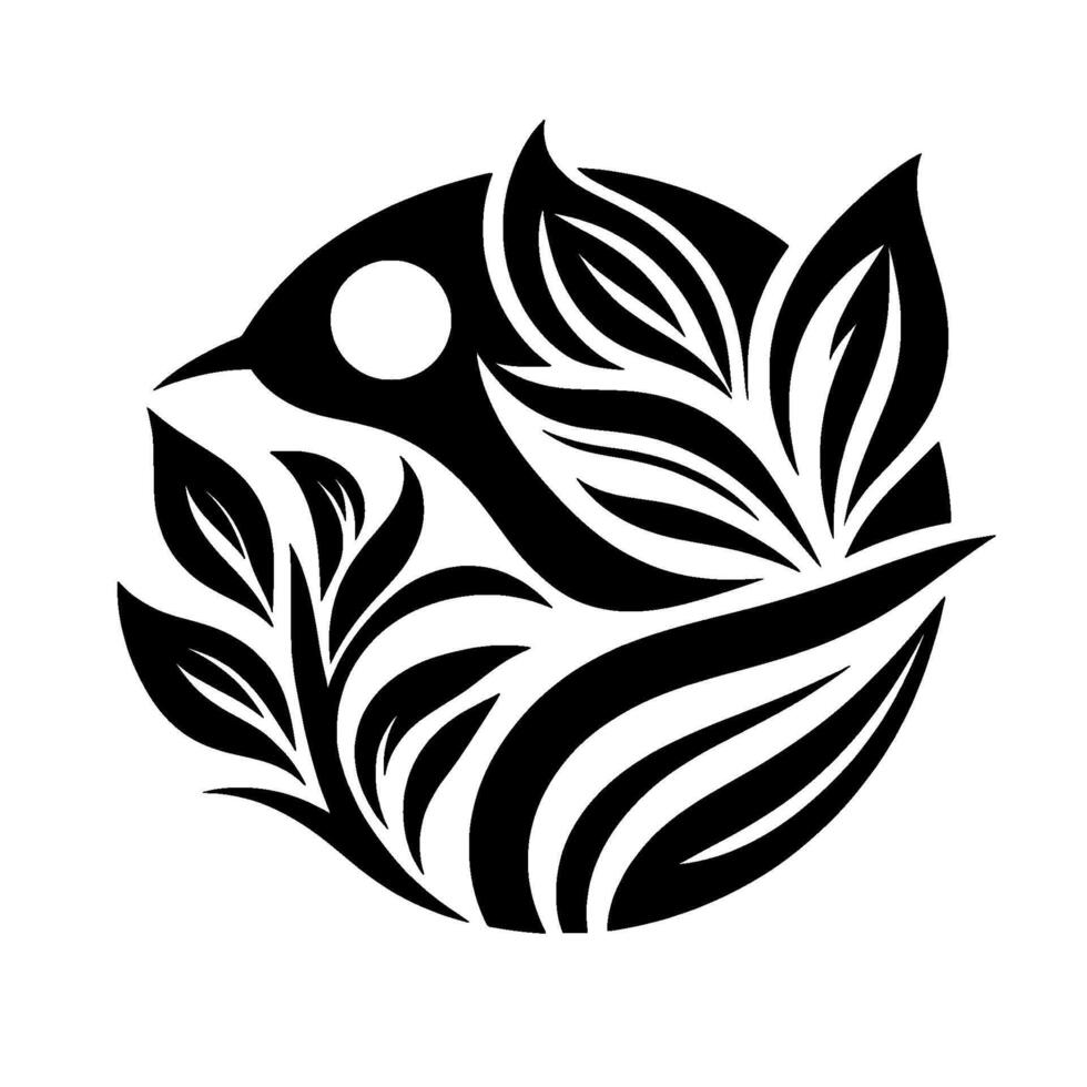 Stylized black bird nested in foliage within a circle, minimalist on white background. vector