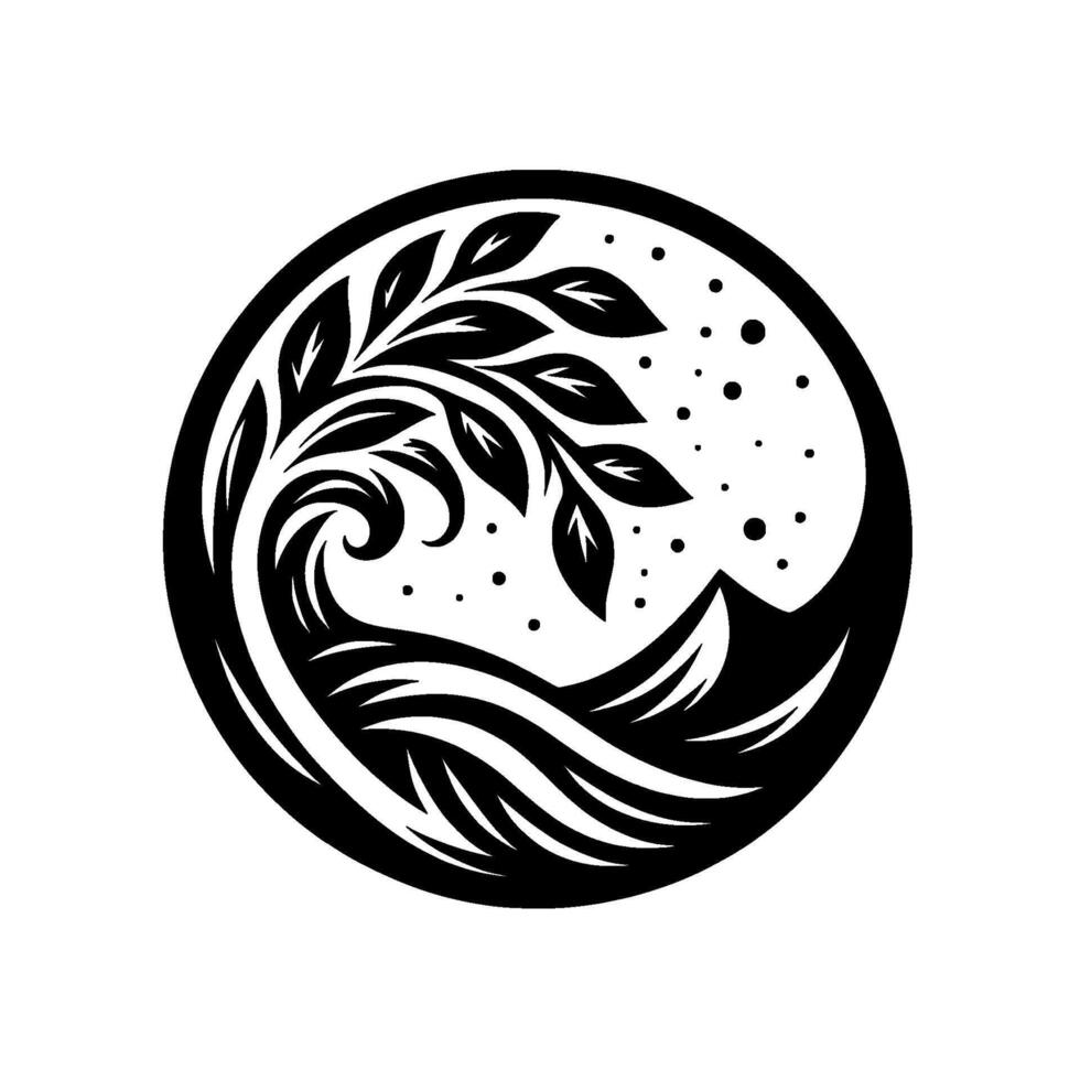 Black and white circular nature with stylized wave, leafy branch, and mountain motif, adorned with dotted elements. vector