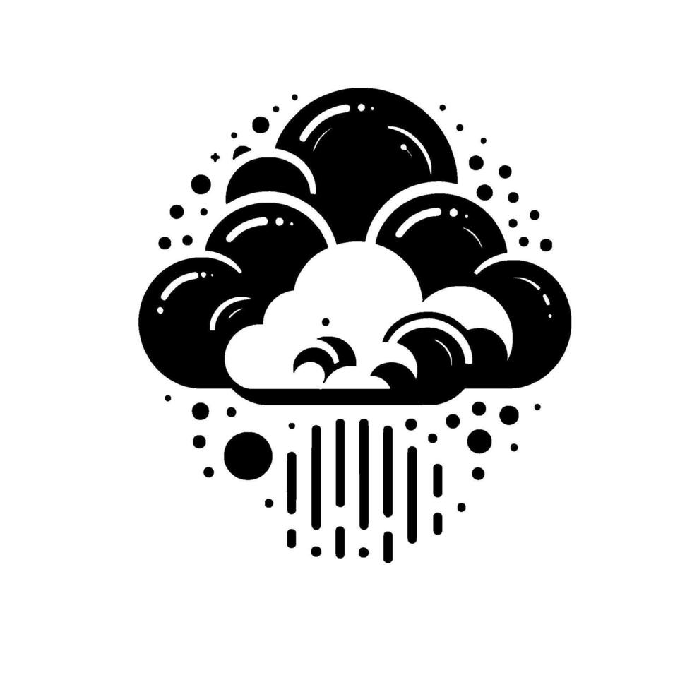Stylized black white illustration cloud formation with rain and scattered droplets, geometric design. vector