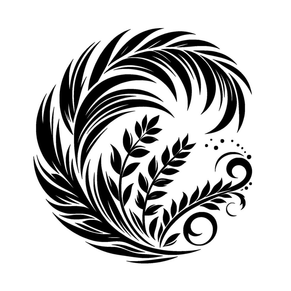 Abstract black white floral design circular arrangement of leaves, ferns, and curlicues on white background. vector