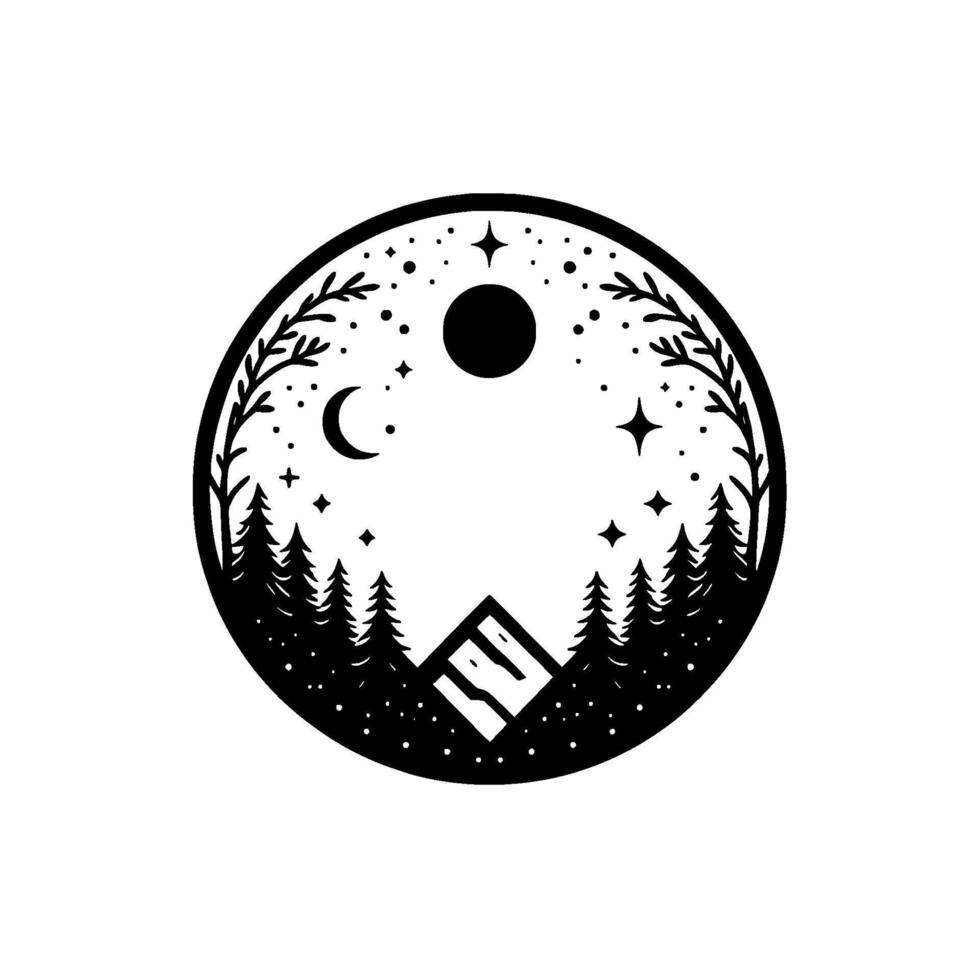 Black and white circular silhouette pine trees, mountain tent, night sky with crescent moon, sun, and stars. vector