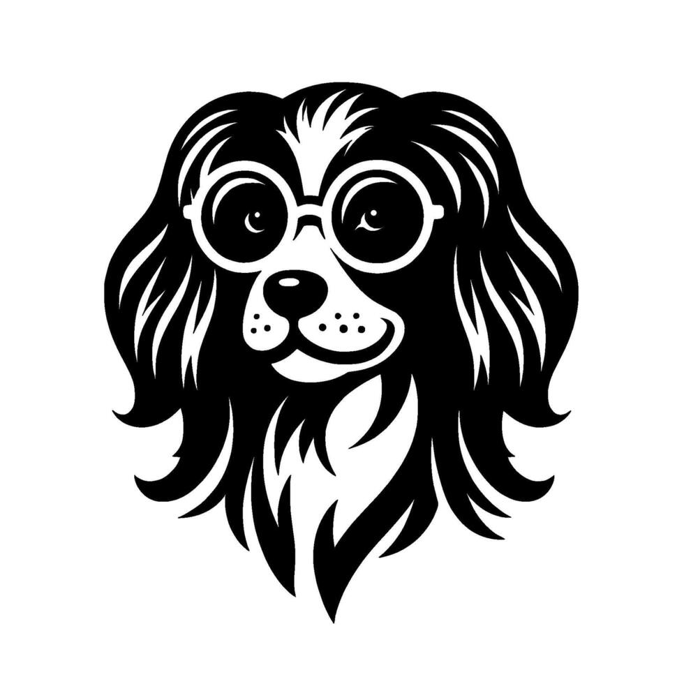 Smart, smiling cavalier king charles spaniel wearing glasses, black and white portrait on white background. vector