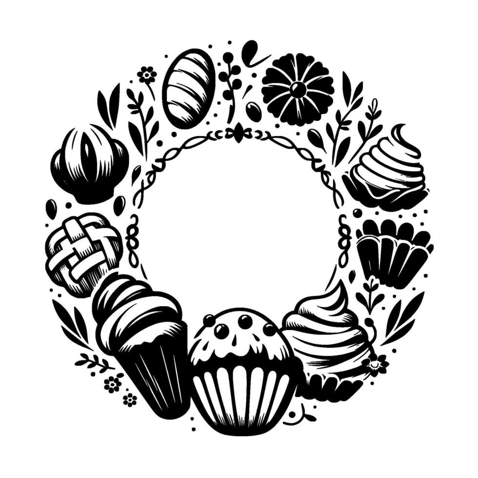 Black and white illustration of a circular cupcake and floral wreath, perfect for bakery or dessert branding. vector