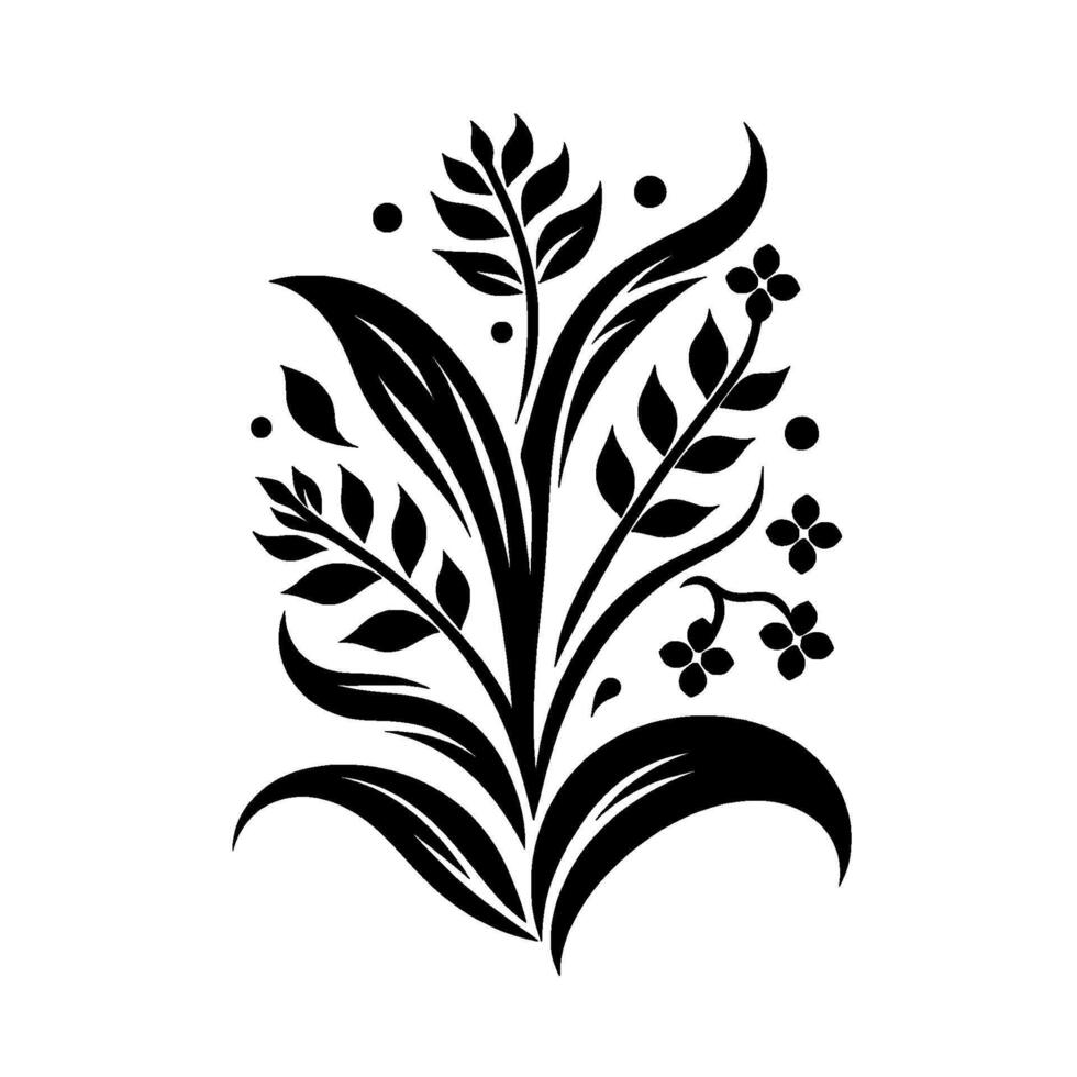 Bold, minimalist floral in black and white, featuring stylized leaves, blossoms, and accents on a clean white background. vector