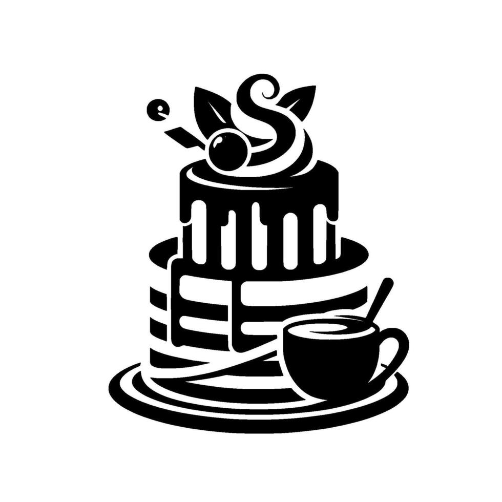 Monochromatic illustration of a twotiered cake with a cherry and swirl design, accompanied by a cup of coffee and a spoon on a patterned plate. vector