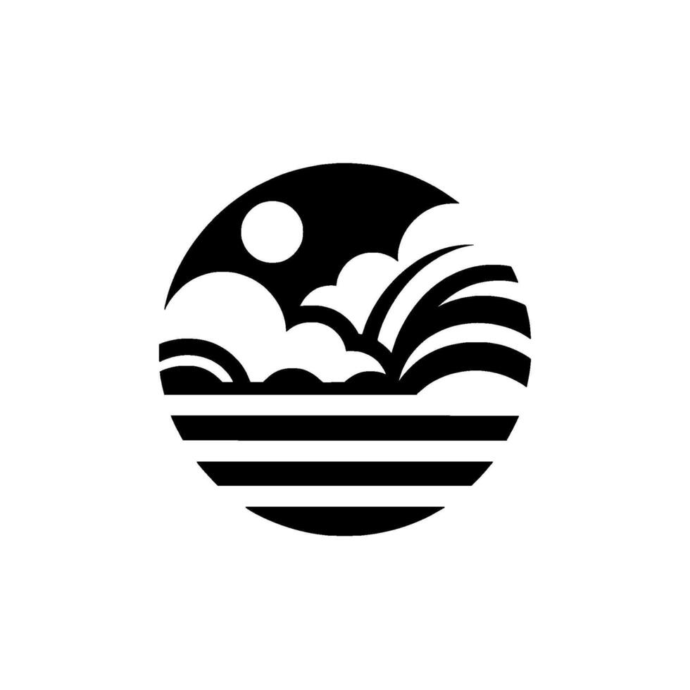 Monochrome circular depicting sea, clouds, and sun with a minimalist style. vector