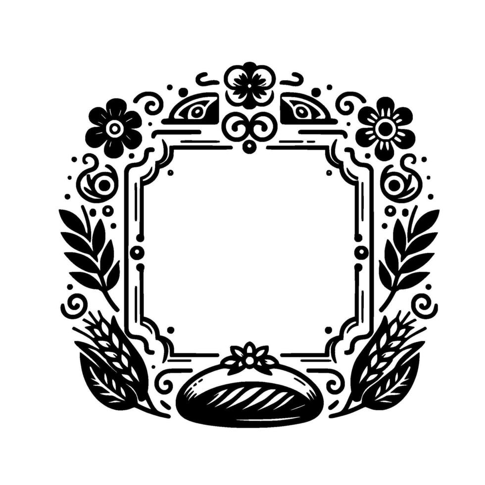 Black and white stylized floral and wheat frame with square center for text or image, featuring bread at the bottom. vector