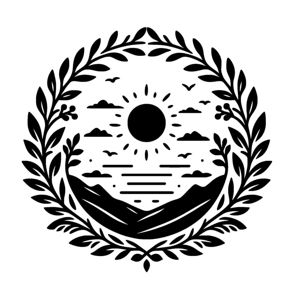 Black and white illustration of a mountain landscape with sun, clouds, and birds, framed by a wreath of leaves. vector