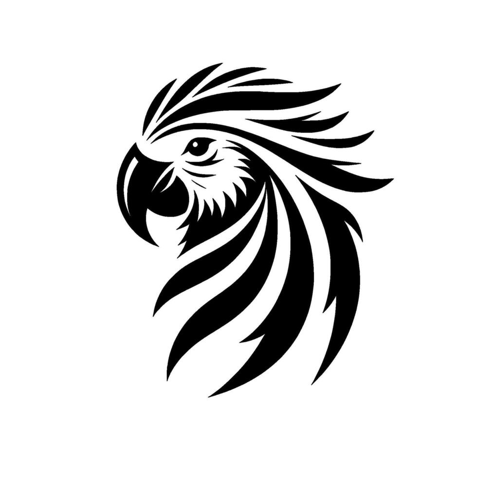 Striking black and white parrot head design, focused on beak and feathers with dramatic lines on a pure white background. vector