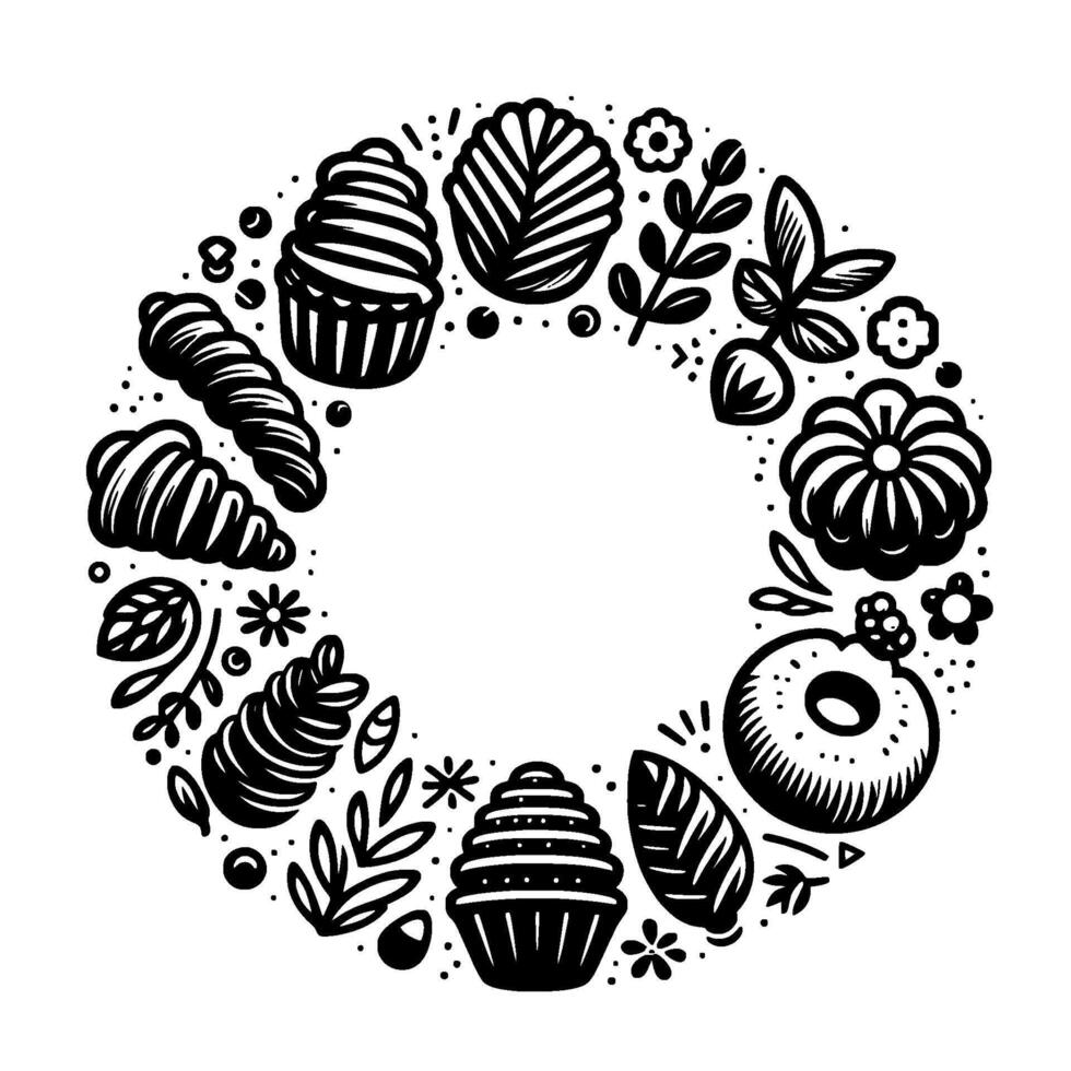 Black and white, circular illustration featuring stylized baked goods, leaves, flowers, and pumpkin elements, arranged in a wreathlike composition, on white. vector