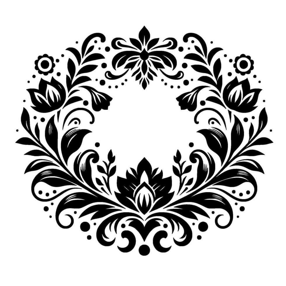 Elegant black and white floral wreath, symmetrical with leafy flourishes, dots and decorative elements. vector
