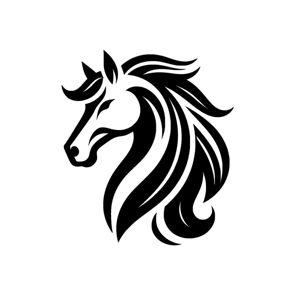 Elegant black and white horse head depicting grace, strength, and spirit on a clean, neutral background. minimalist with flowing mane. vector