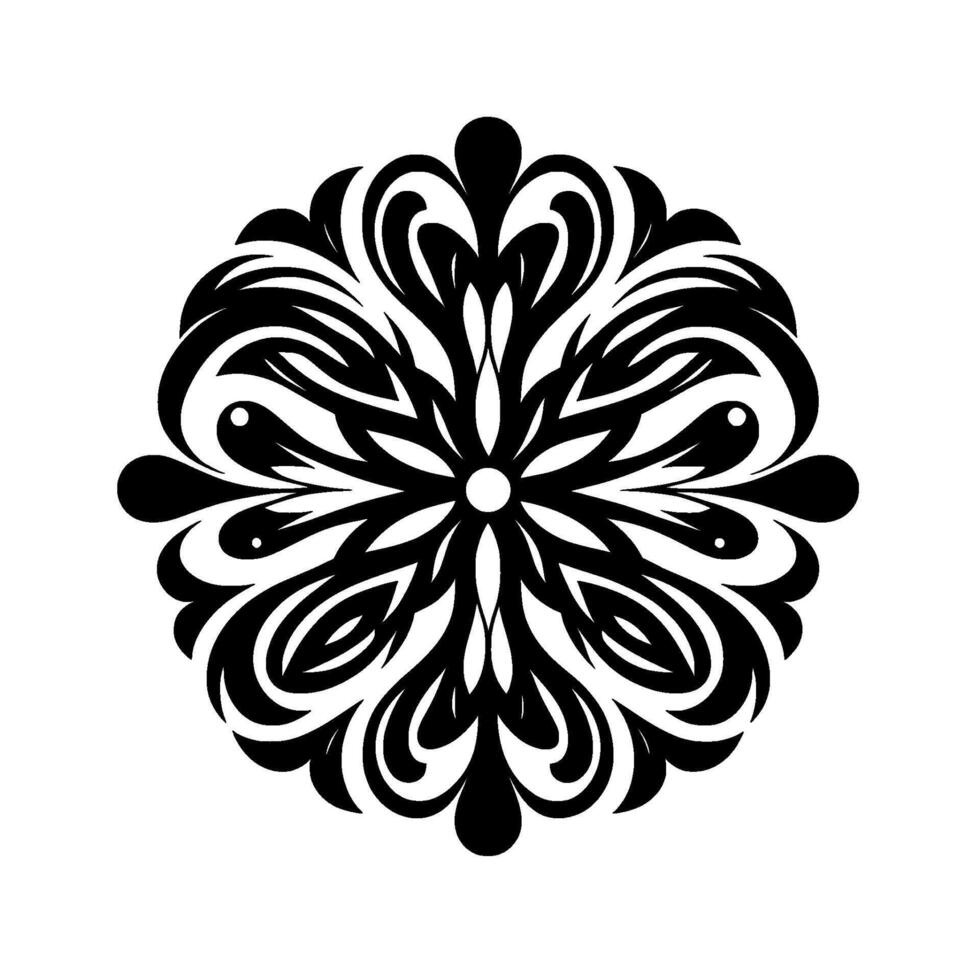 Intricate black and white mandala, symmetrical floral with serpentine swirls on white backdrop, circular pattern. vector