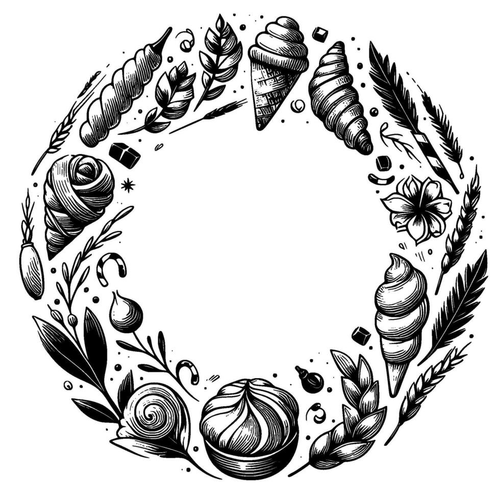 Elegant monochrome circular illustration baked goods, plants, and sweets arranged in an intricate decorative frame with ample central negative space for text. vector