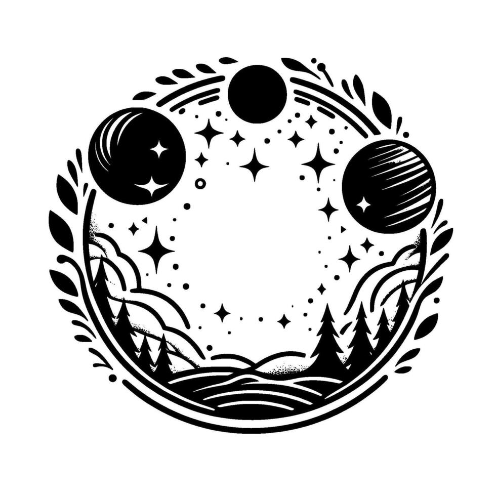 Celestial emblem circle composition features phases of the moon, starry sky, pine trees, and foliage in black and white. vector