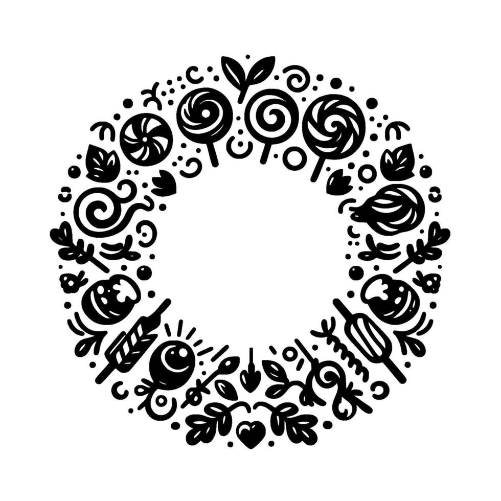 Circular black white illustration a decorative wreath with stylized sweets, foliage, and whimsical elements. vector