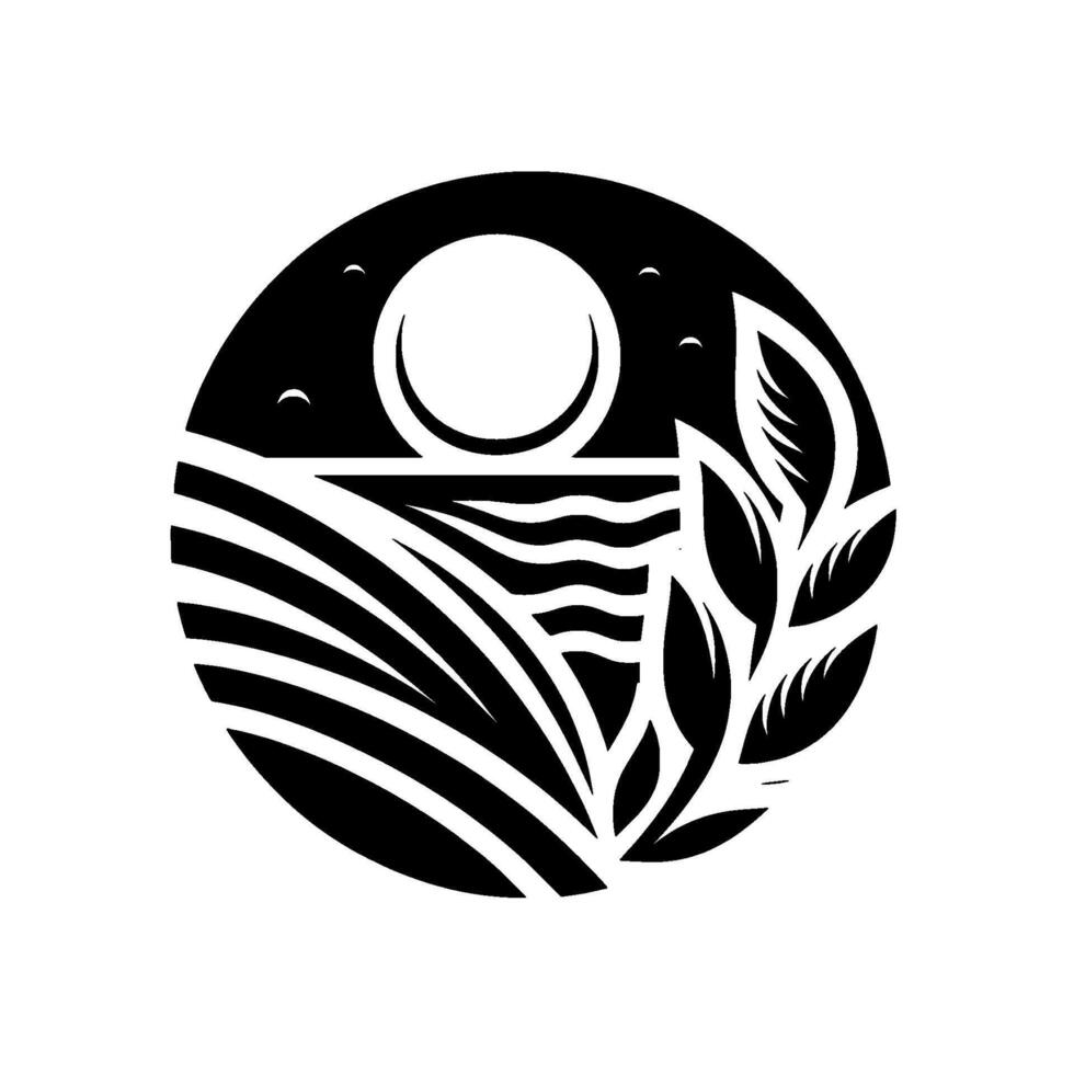 Black and white circular illustration featuring stylized landscape with fields, sea, sun, leaves and stars. vector