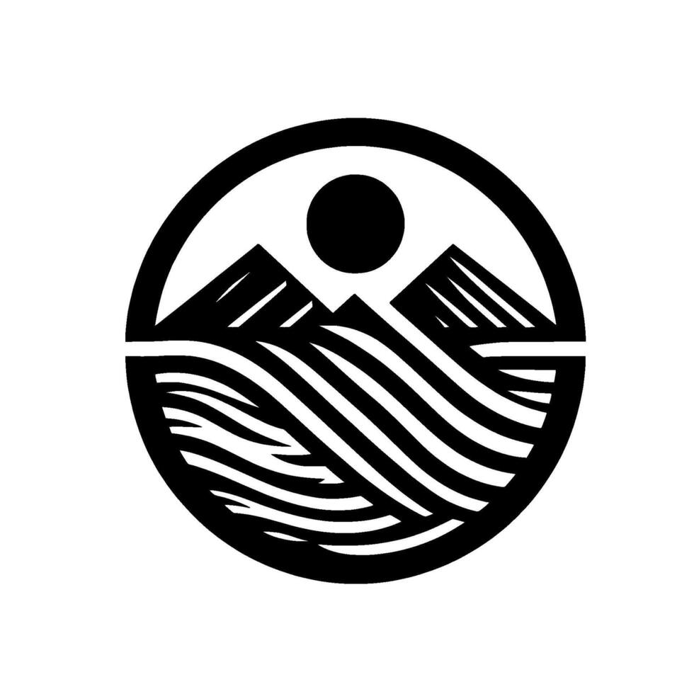 Monochromatic circular featuring stylized mountain peaks, a sun, and wavy lines, embodying natures beauty. vector