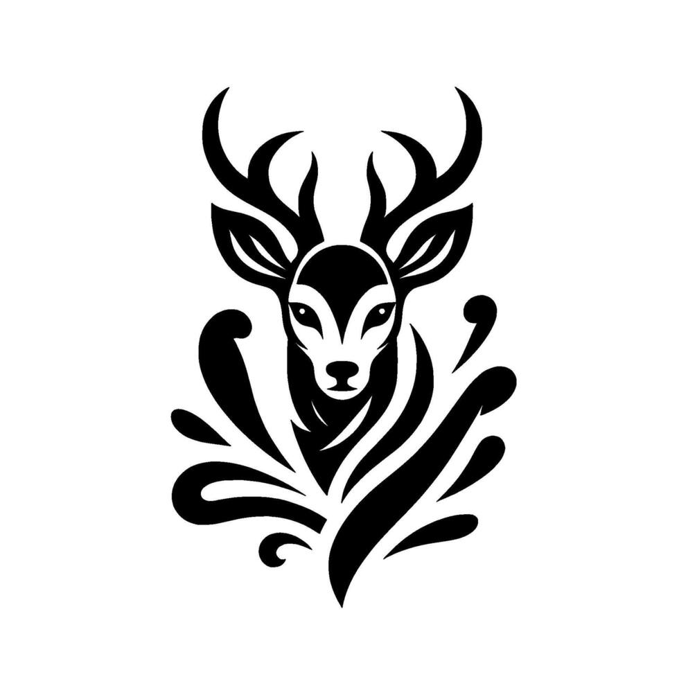 Intricate black and white deer head with flowing, abstract ornamental elements, minimalist composition. vector
