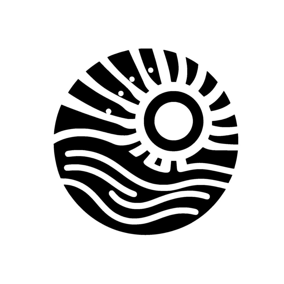 Black and white circular featuring a sun over wavy water, minimalist illustration, natureinspired design. vector