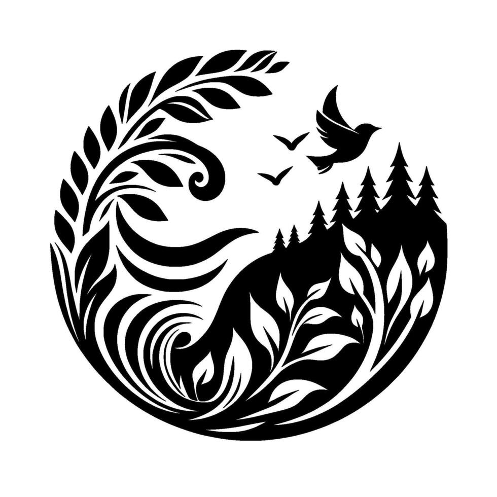 Circular black and white silhouette composition featuring birds, forest, and flourishing foliage, evoking harmony and natures beauty. vector