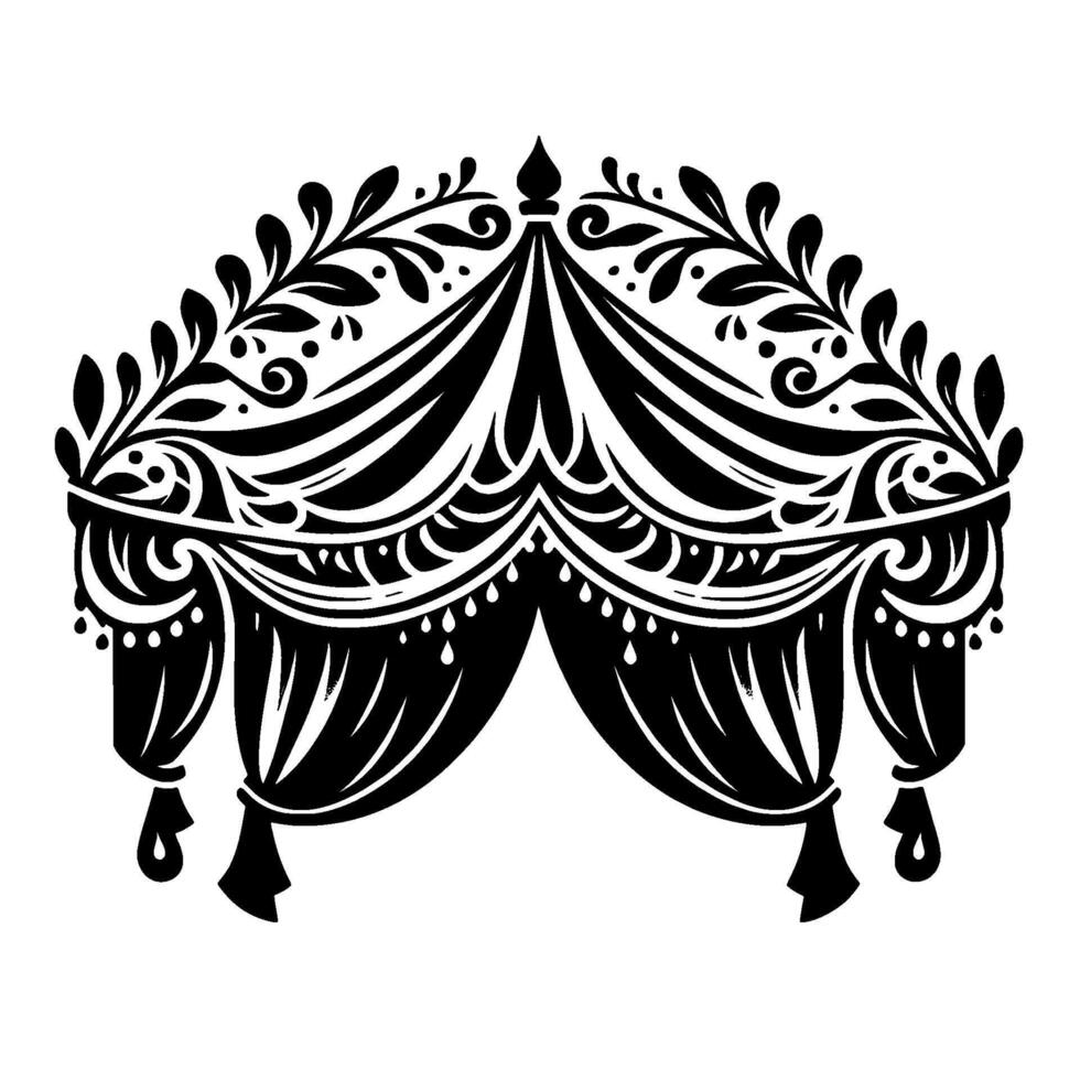 Elegant black and white ornamental tent with intricate floral and curtain detailing, isolated on white background vector