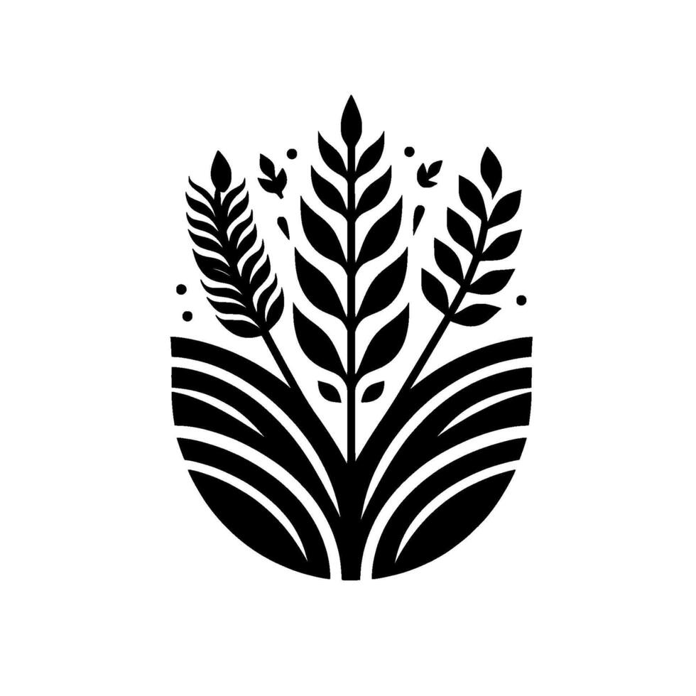 Minimalist monochrome emblem stylized wheat and foliage in symmetrical, fieldshaped composition on a white canvas. vector