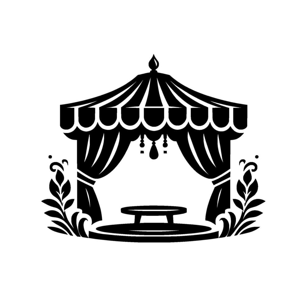 Elegant black and white illustration of a decorative pavilion with a stage, curtains, and floral embellishments. vector