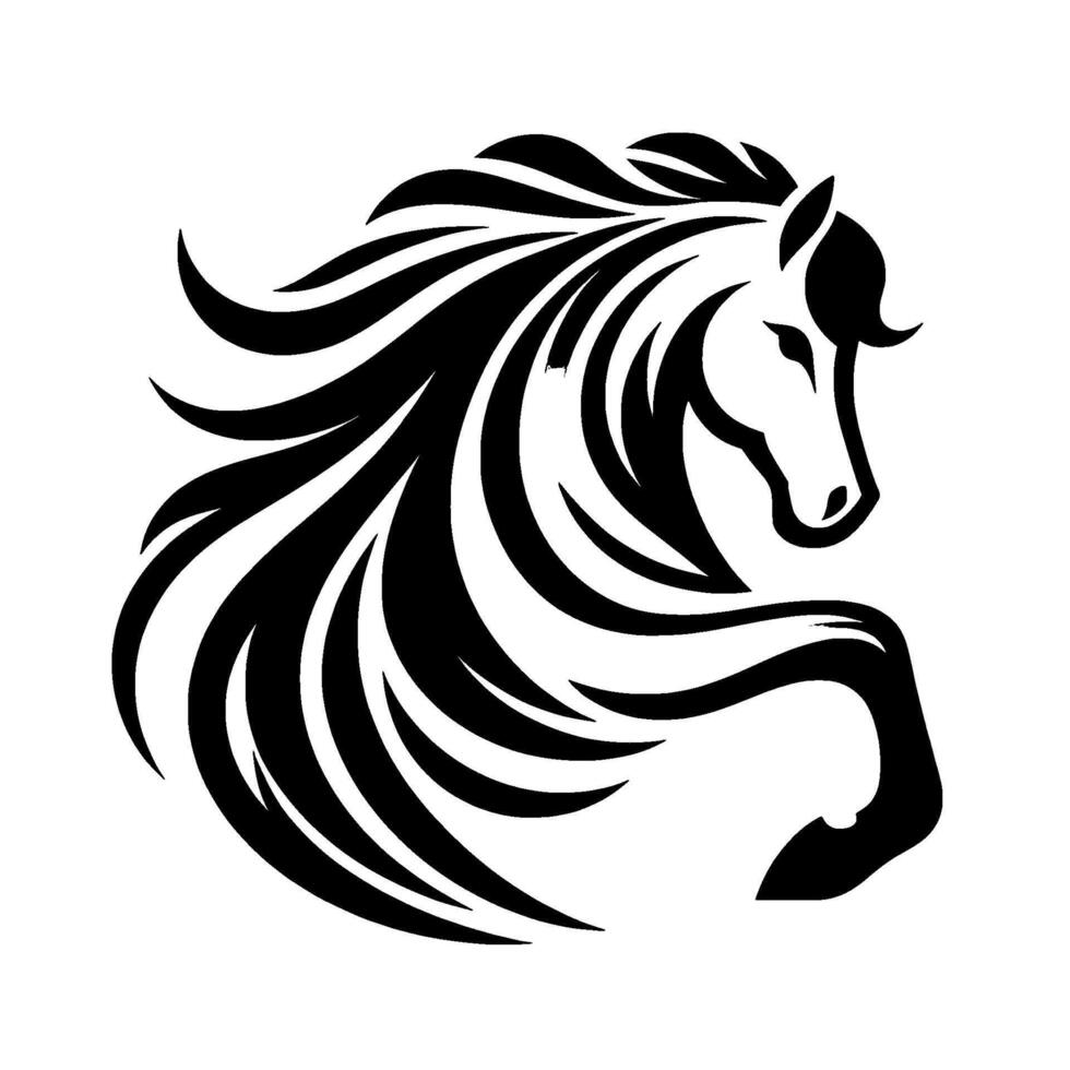 Striking monochrome horse logo a majestic steed in dynamic pose with flowing mane, illustration on white. vector