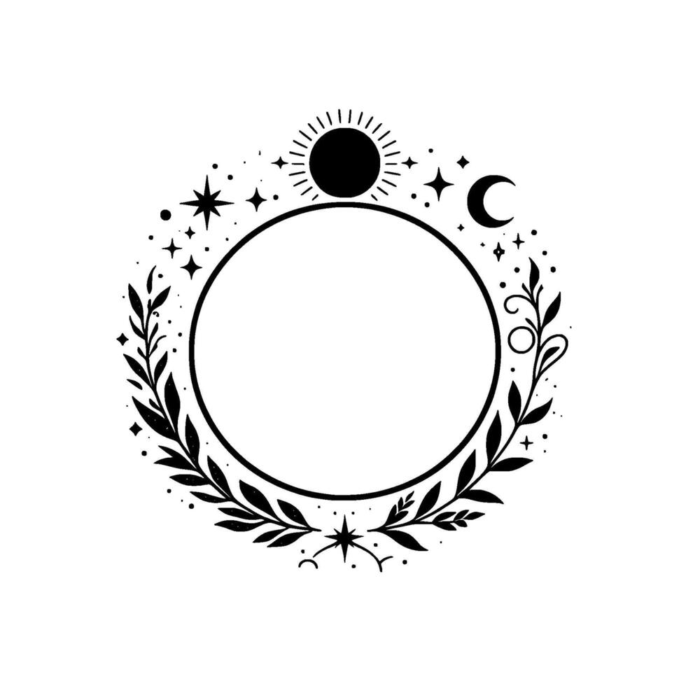 Celestial botanical frame sun, moon, stars foliage, black and white circle border, decorative design. vector