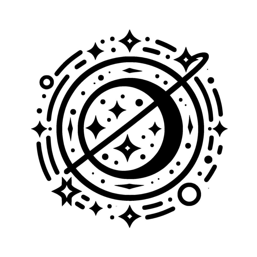 Monochromatic celestial with a stylized crescent moon, stars, rings, and linear elements, a cosmic illustration. vector