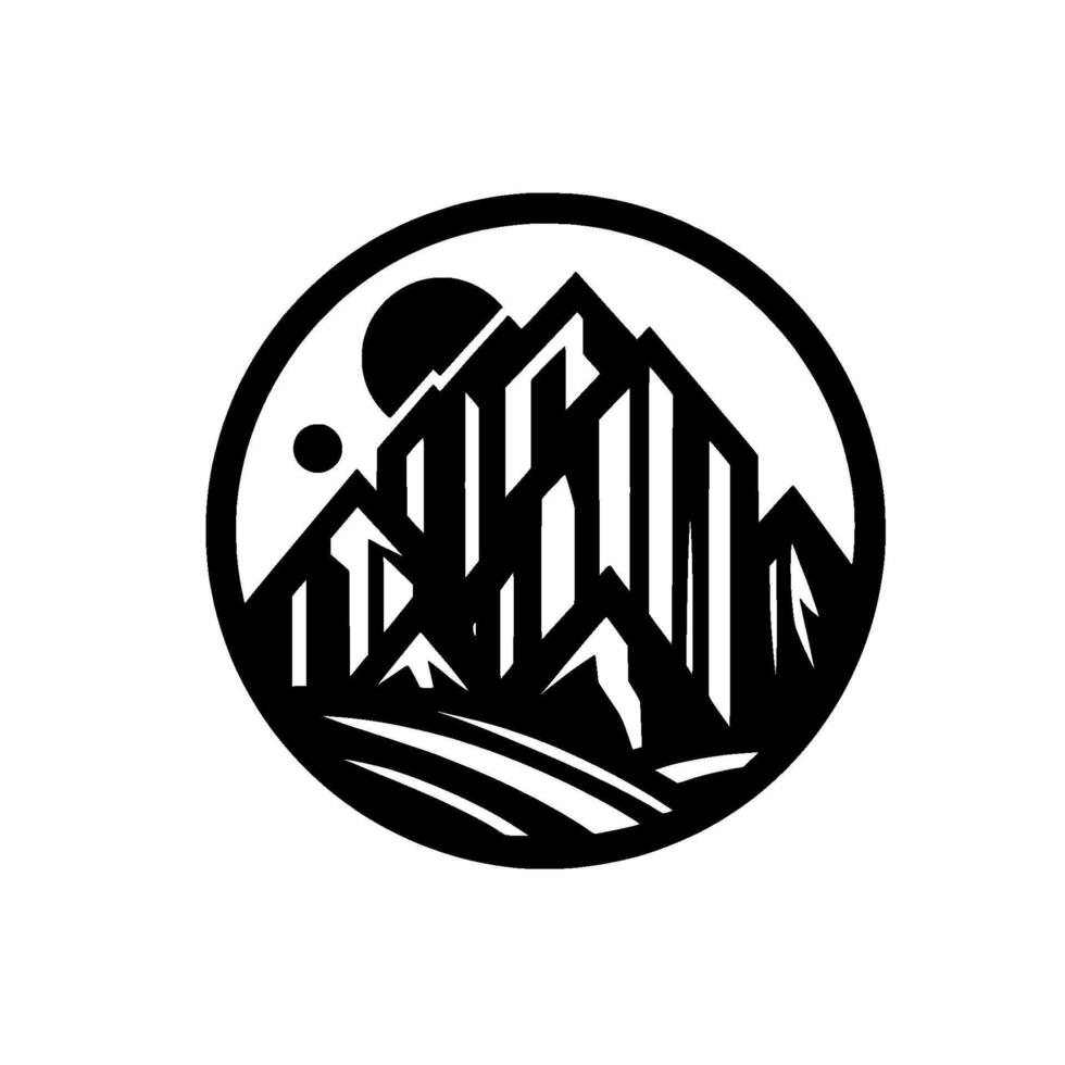 Monochromatic mountainscape logo geometric peaks with sun and moon in a circular frame, symbolic nature design. vector