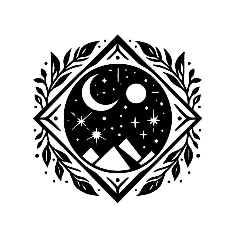 Black and white celestial mandala moon, stars, mountains within a decorative leafy frame, isolated on white. vector