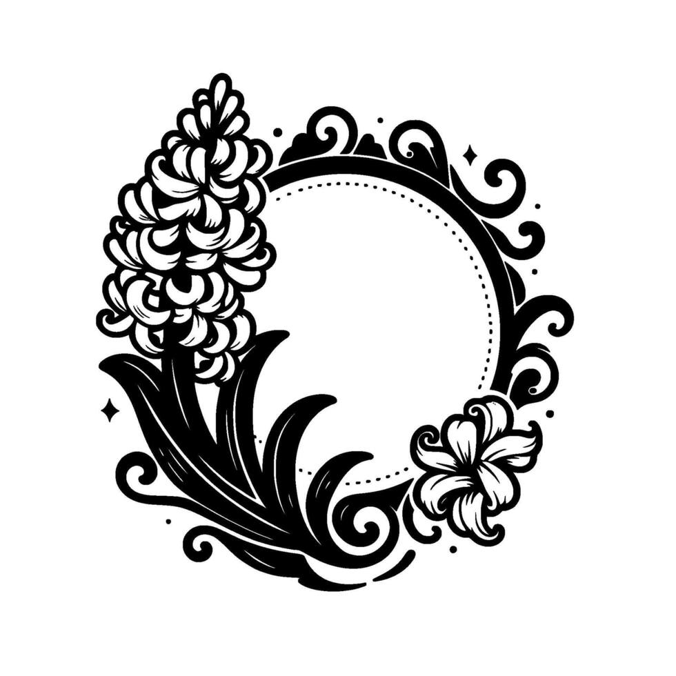 Elegant black white floral frame hyacinth lily embellishment with ornate swirls, perfect for invitations design. vector