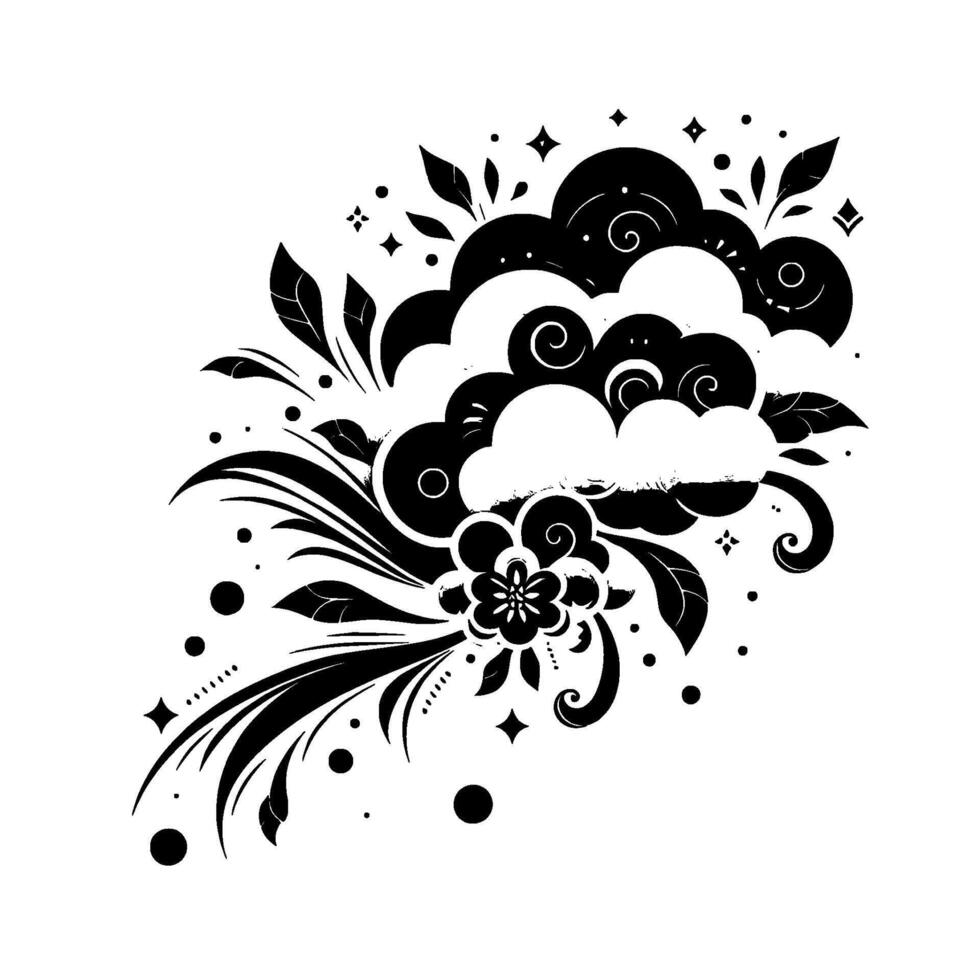 Ornate black and white floral and cloud motif with swirls, leaves, and star accents, a stylized botanical arrangement. vector