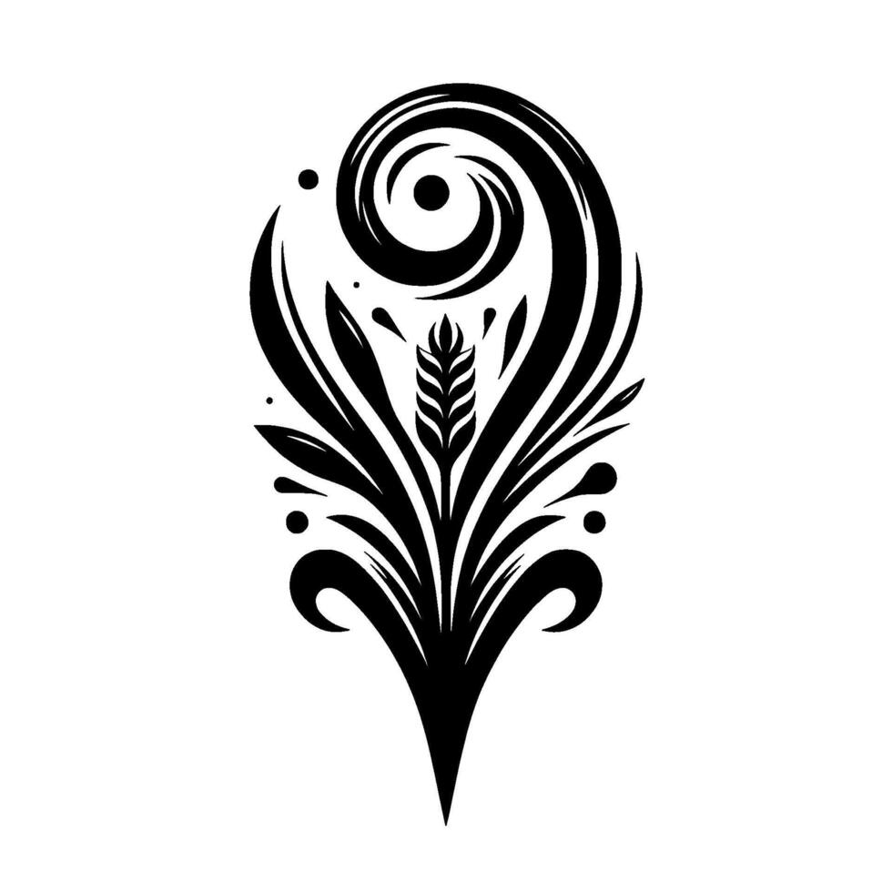 Elegant black and white floral featuring a wheatlike center, swirls, leaflike elements, and droplet accents on white. vector