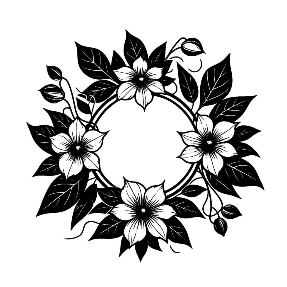 Intricate black and white floral wreath with delicate blossoms and leafy accents, centering a blank circle for text. vector