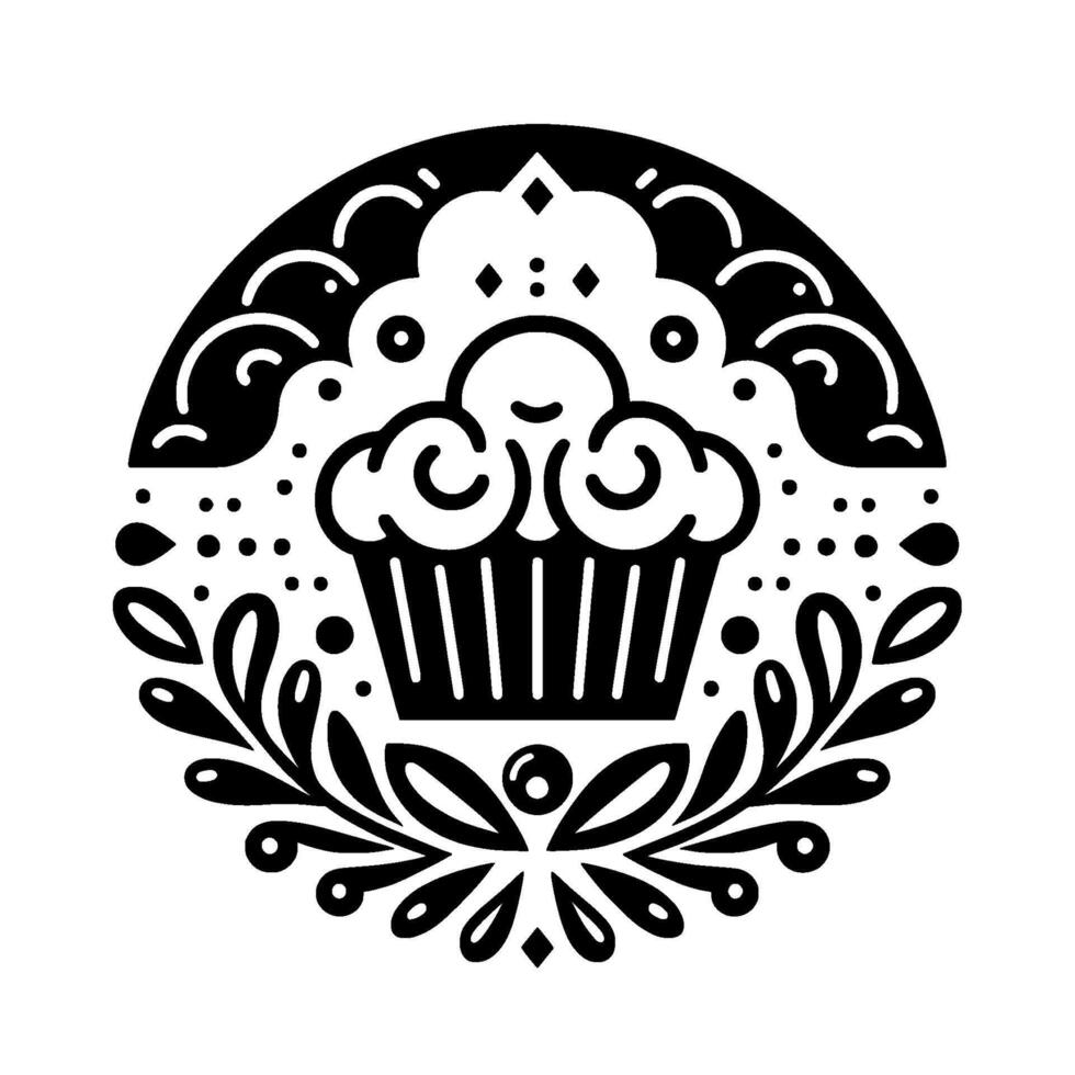 Black and white illustration of a cupcake within a circular frame of stylized clouds and floral elements, a sweet and simple design. vector