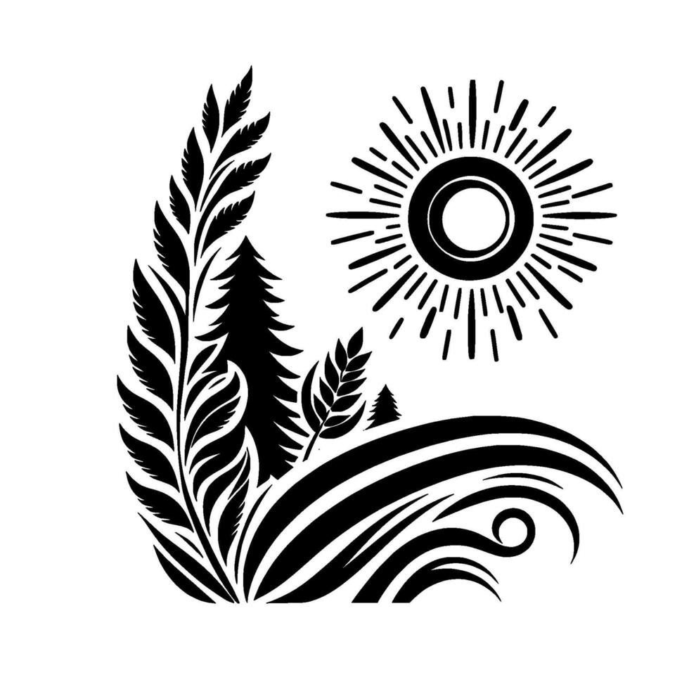 Abstract black and white nature illustration sun, trees, plants and rolling hills forming a naturalistic on white. vector