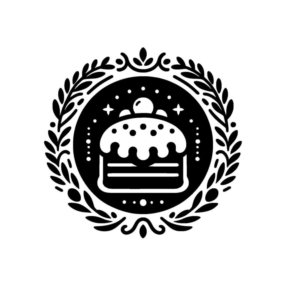Black and white illustrative circular emblem featuring a tiered cake with a cherry topping, encircled by a laurel wreath. vector