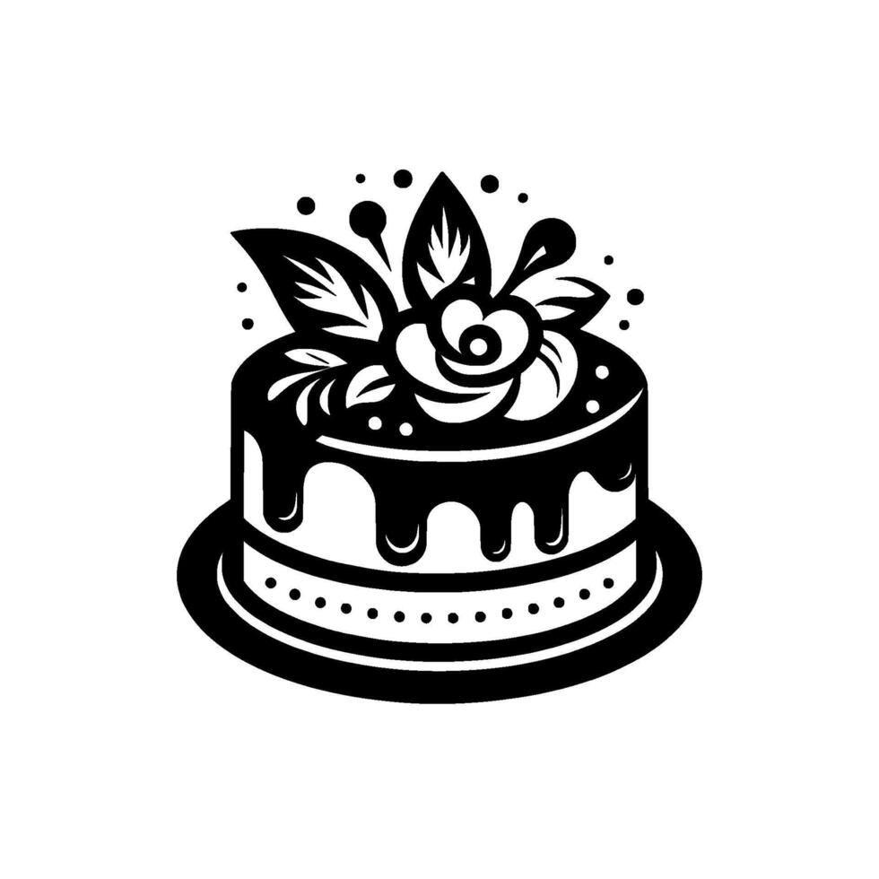 Elegant black and white illustration of a layered cake decorated with a floral arrangement and drizzled chocolate. vector