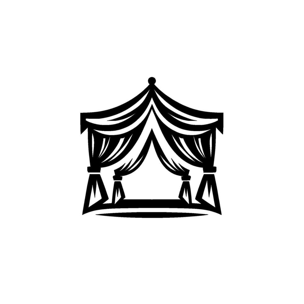 Black and white minimalist illustration of a stylized circus tent or theater stage with dramatic curtains and a simple geometric design. vector